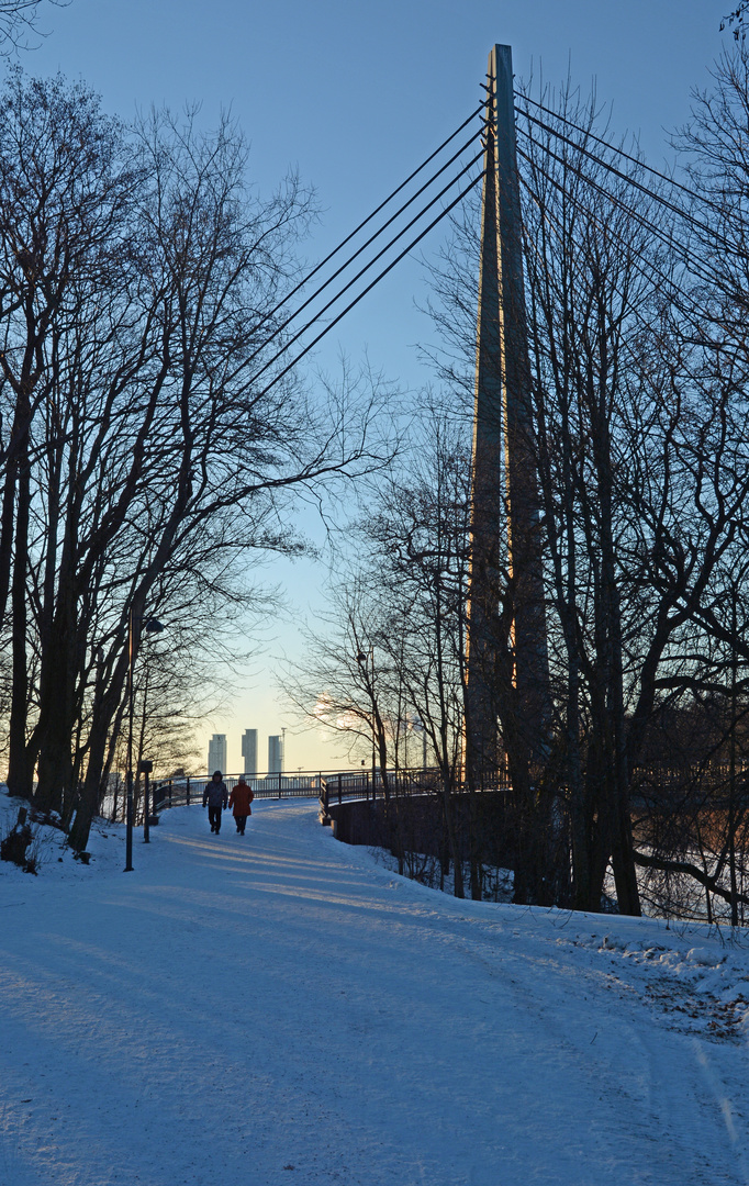 There is the bridge over Vantaa river and behind you can see the tower of Kalasatama