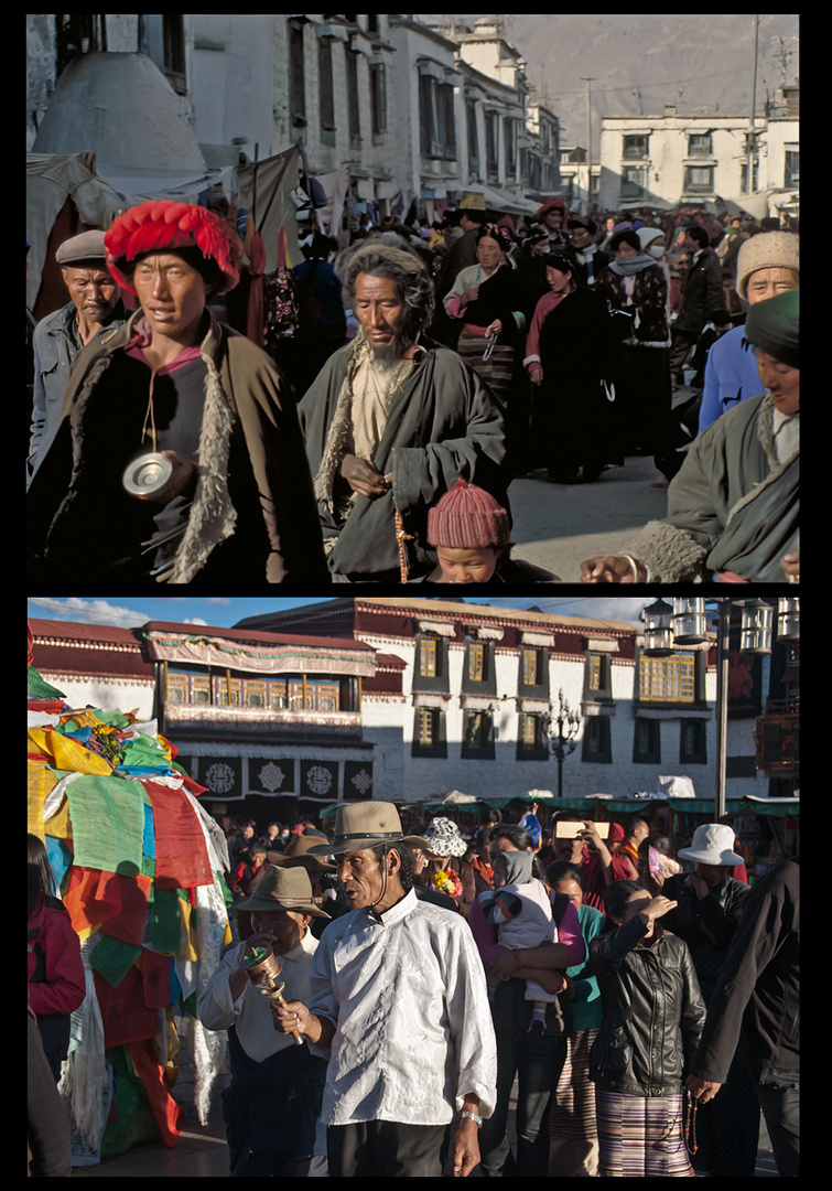 Tibetische Gläubige 1991 (oben) und heute (unten) ...