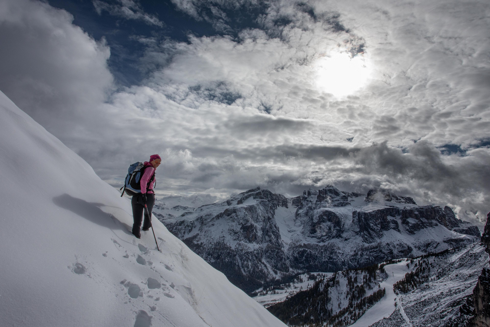 Tiefschnee und Sella-Blick