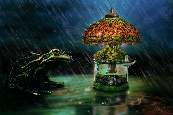 Tiffany-flaschenlampe mit integrierter Wettervorhersage, bei Schlechtwetter mit Traumblasengenerator