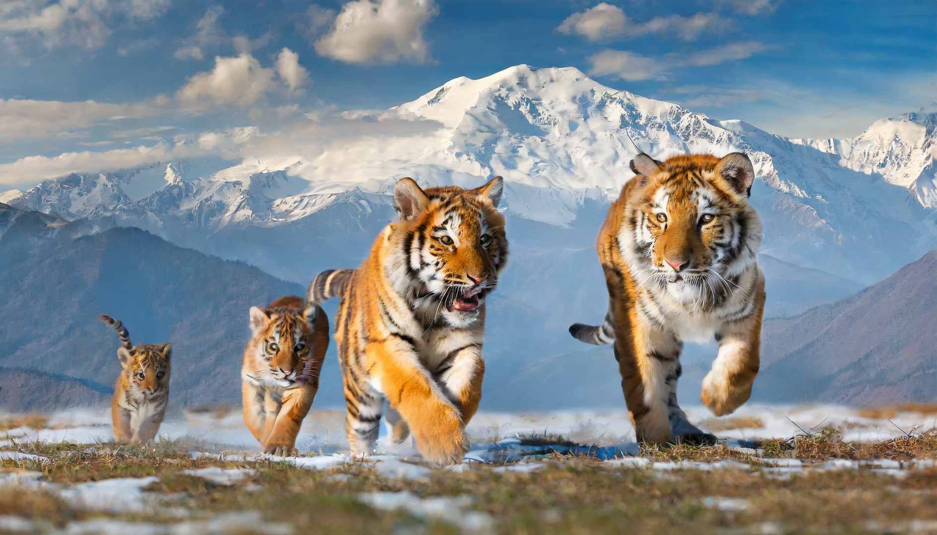 Tiger  vor schneebedeckten Bergen