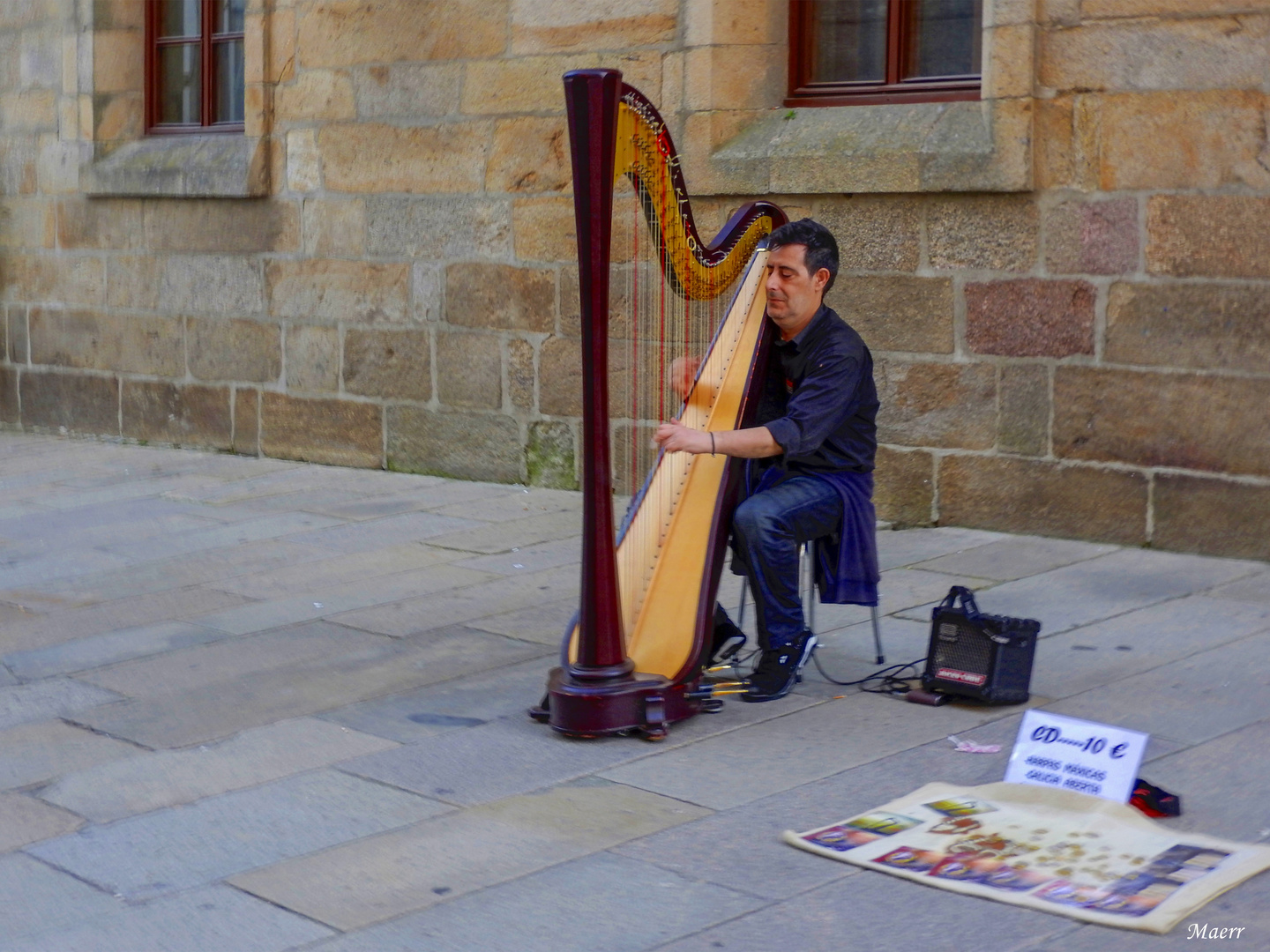 Tocando el arpa.