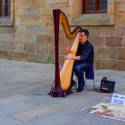 Tocando el arpa.