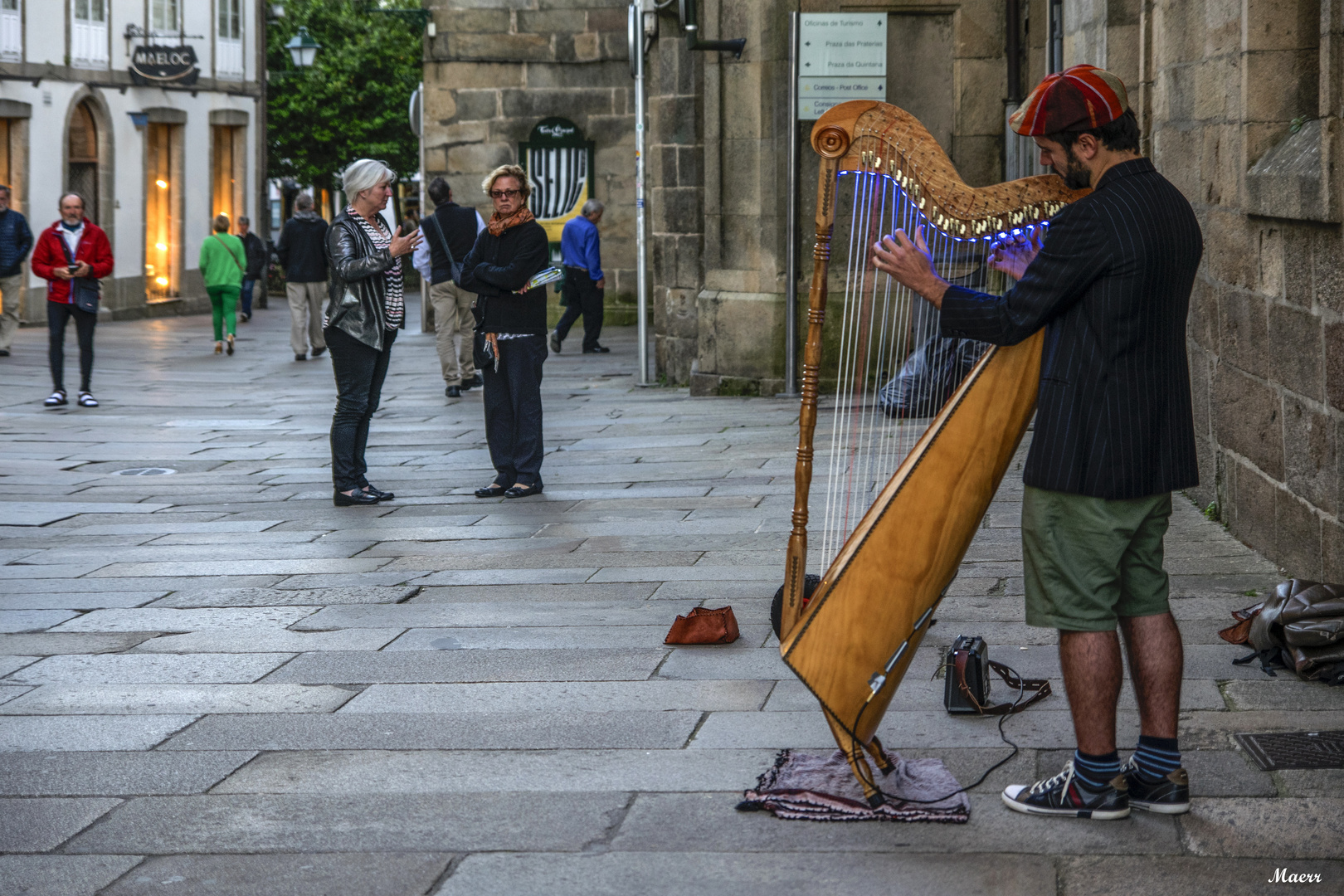 Tocando el arpa.Música en la calle.