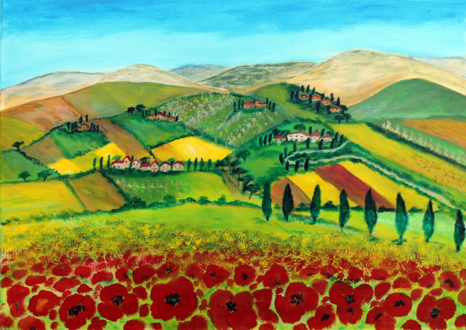 Toscana mit Mohn im Frühjahr