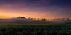 Toscana, Val dÓrcia: Agriturismo Poggio Covili im Sonnenaufgang