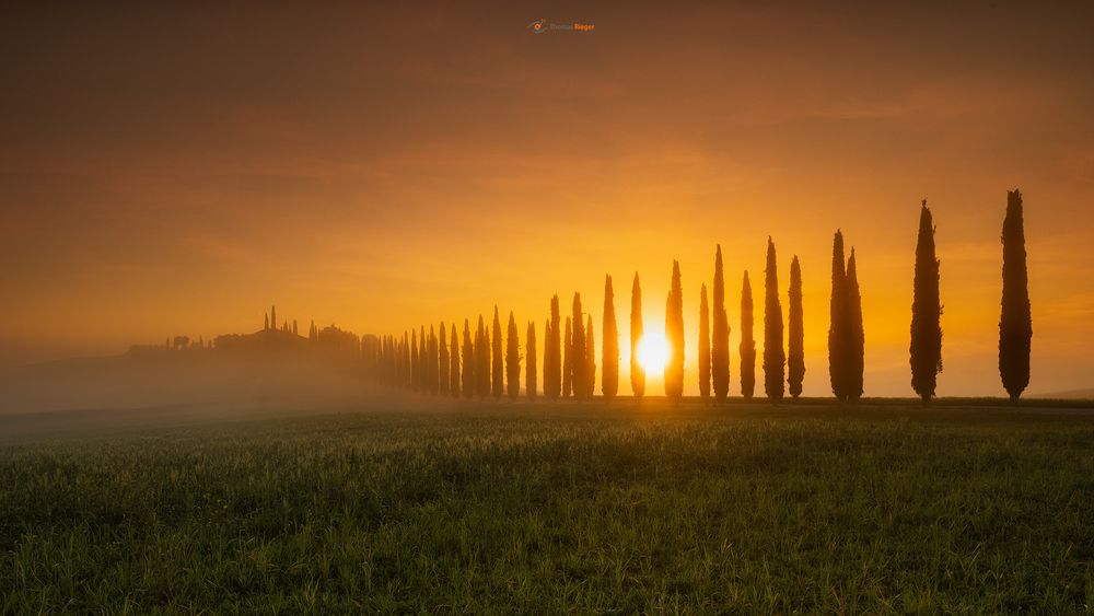 Toscana, Val dÓrcia: Agriturismo Poggio Covili im Sonnenaufgang