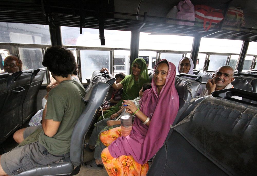 Tourists and Indians - on the way to Pushkar by bus