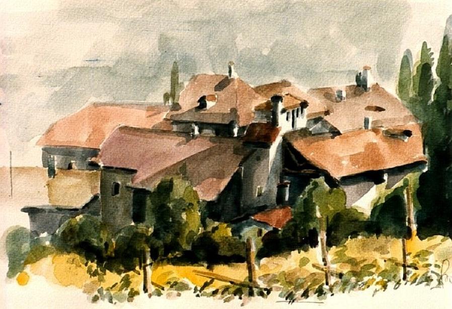 Tramin a.d. Weinstraße Prov. BZ - Südtirol -Aquarell (Dächerstudie)