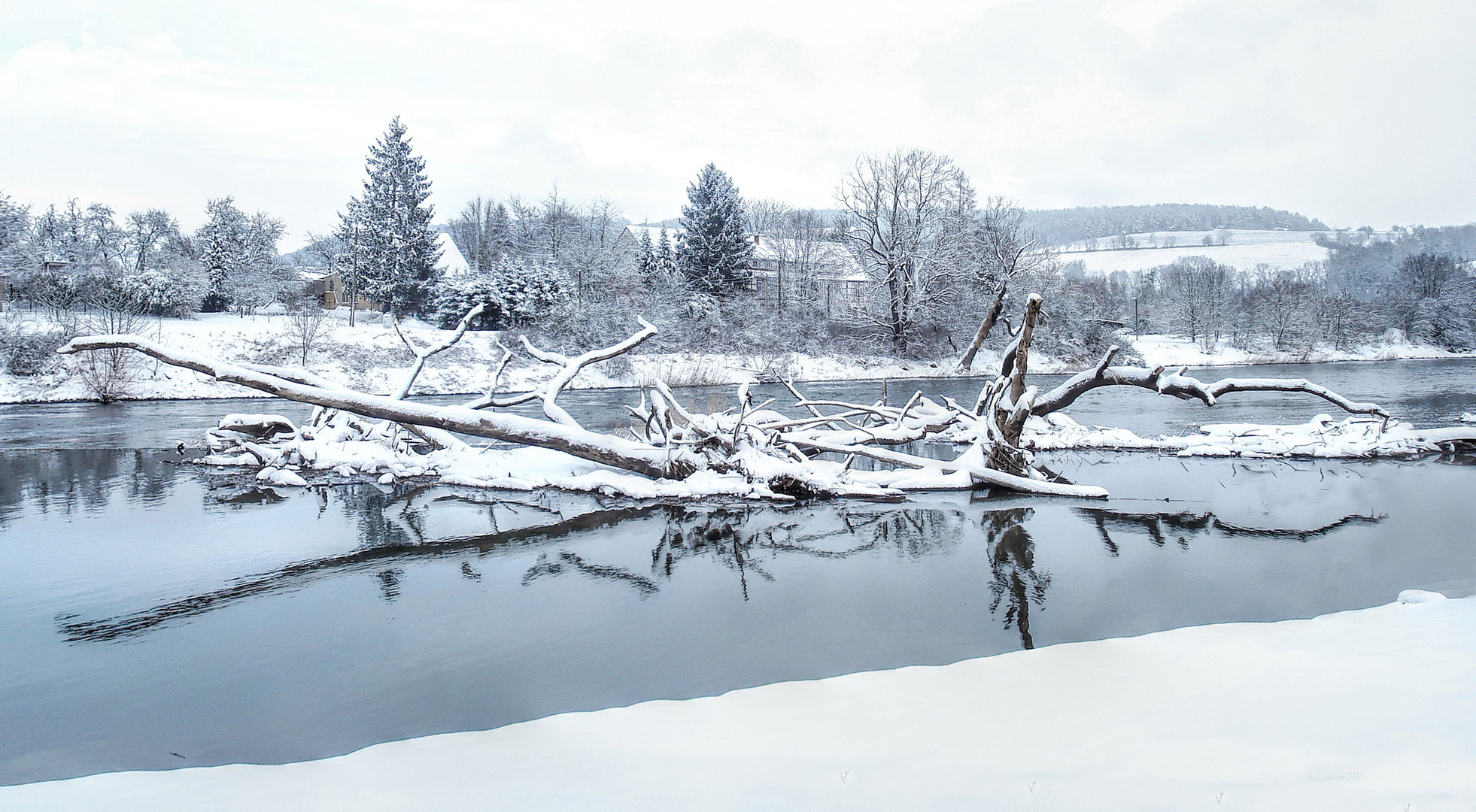 Treibholz am Wehr, Spiegelung