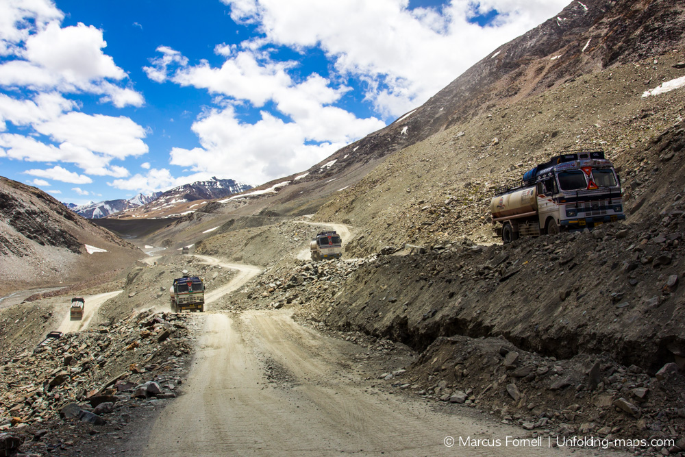 Trucks climbing Leh Manali Highway at Baralacha La