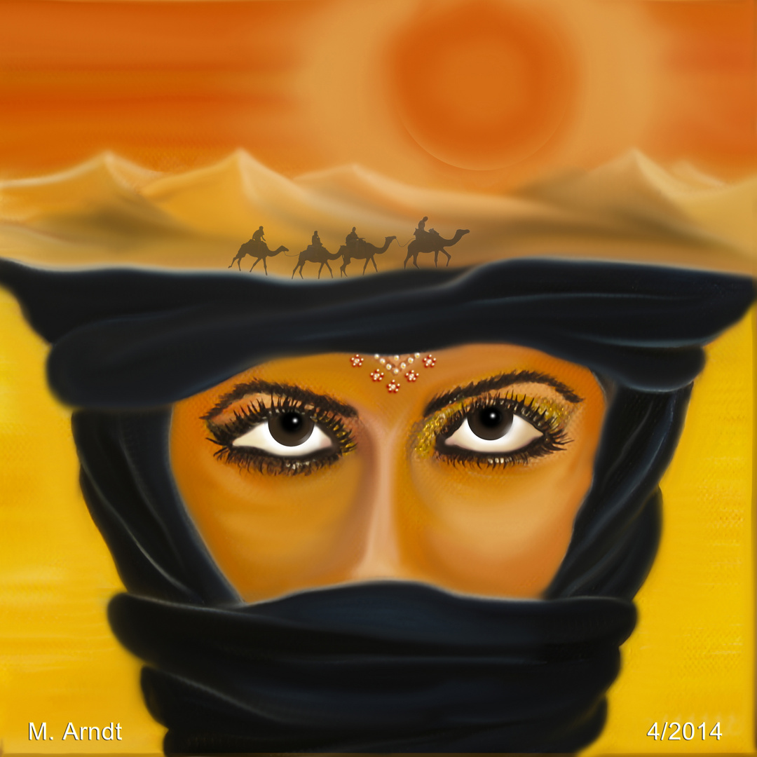 Tuaregfrau + Sonnenuntergang + Camele
