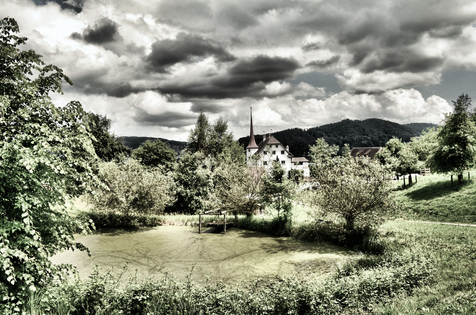 Tümpel mit Schloss im Hintergrund