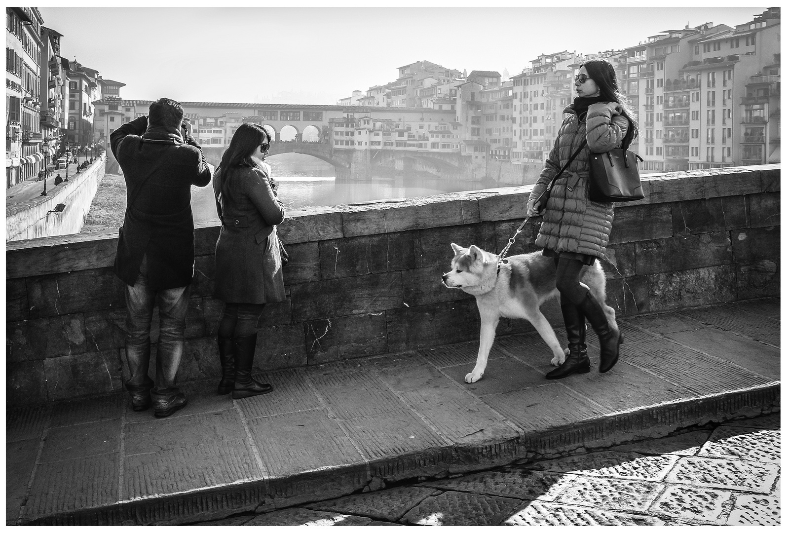 Turisti al passaggio di signora con cane.