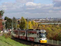 Tw 210 der Mainzer Verkehrsgesellschaft erklimmt die Römerquelle in Mainz-Finthen