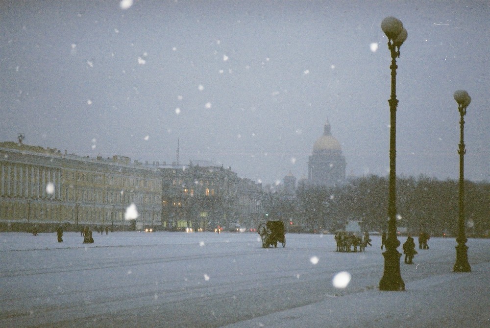 twilight snowfall in St. Petersburg