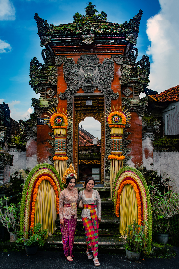 Twin sisters at the entrance gate