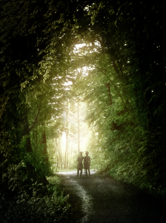 two gentlemen on an evening walk in spring.