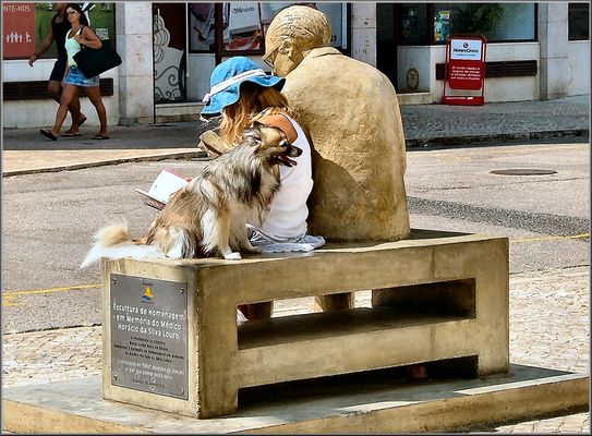 Two reading and a dog