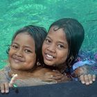 Two water frogs enjoying at the poolside