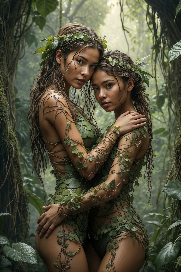 two young girls hugging in the jungle