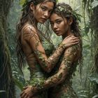 two young girls hugging in the jungle