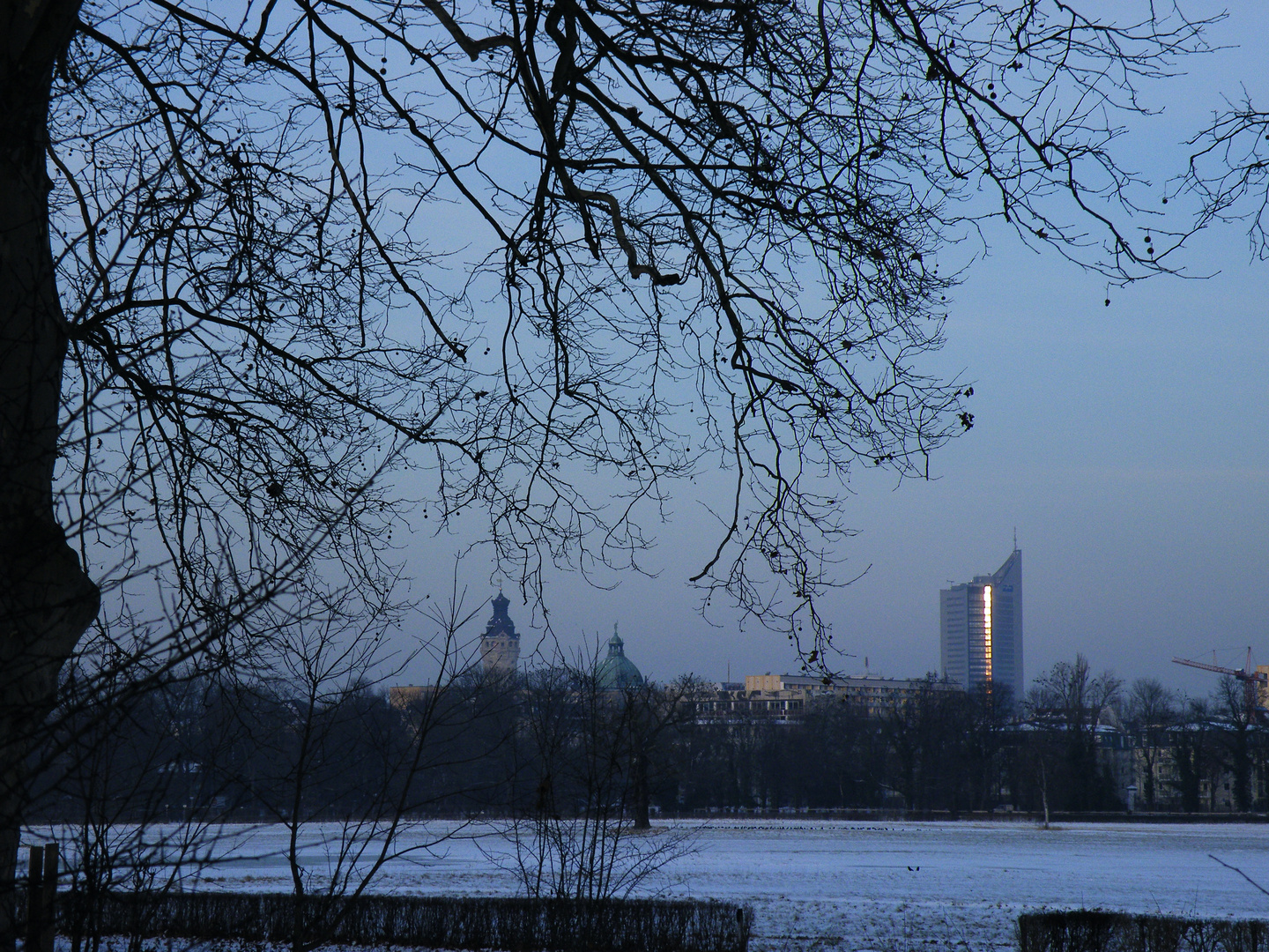 über die Pferderennbahn in Leipzig mit Blick aufs Rathaus und den Uniriesen