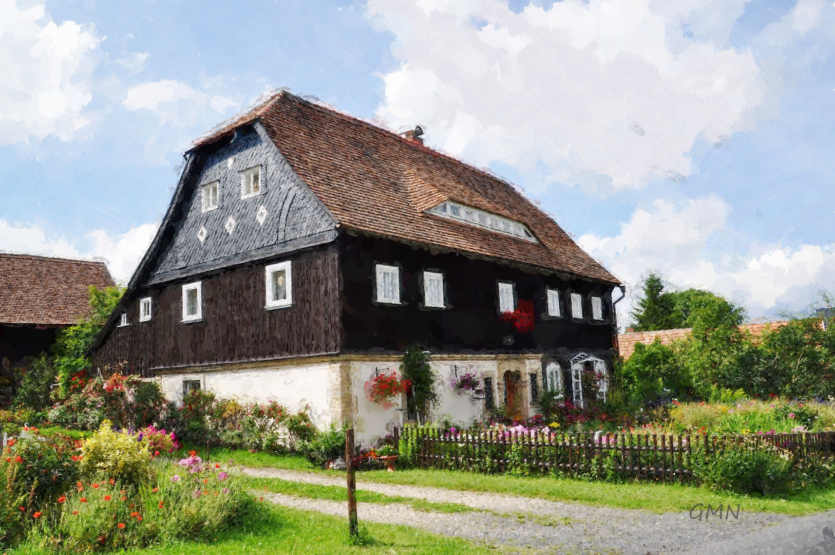 Umgebindehaus mit Bauerngarten