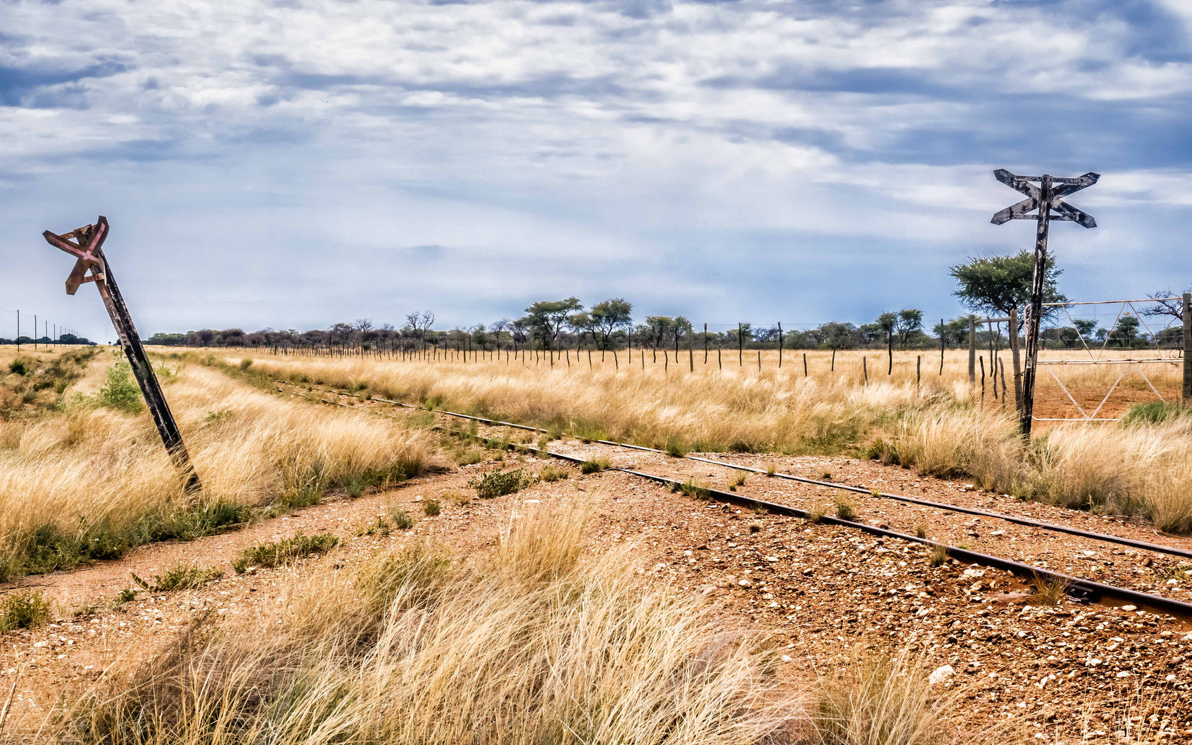 Unbeschrankter Bahnübergang in der Kalahari