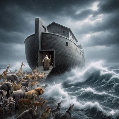 "... und Frau Noah und die Kinder und die Katze und der Hund"...