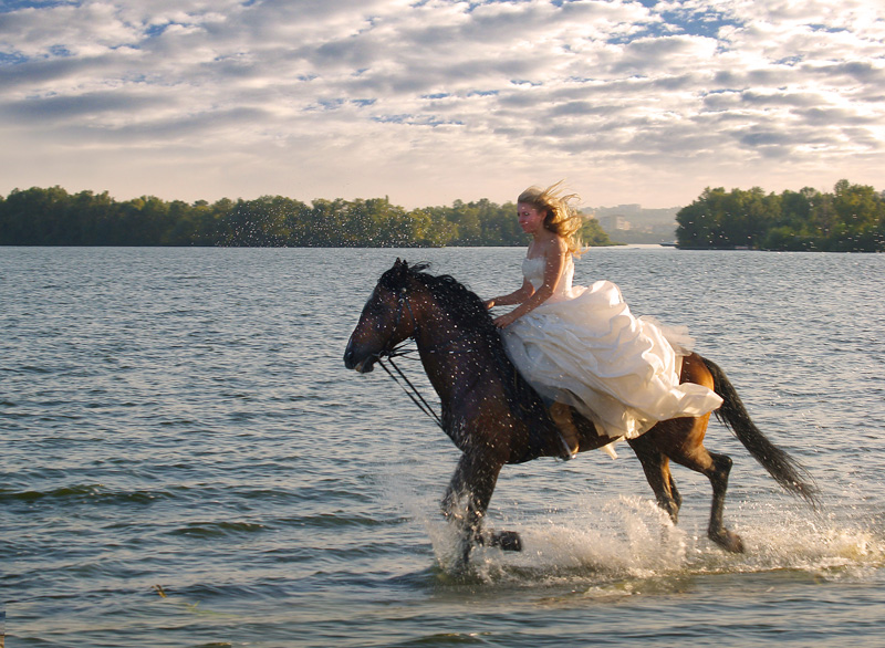 Une fille sur un cheval au galop le long du fleuve.