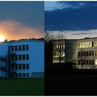 Unsere Grund/Hauptschule bei Sonnuntergang/Nacht