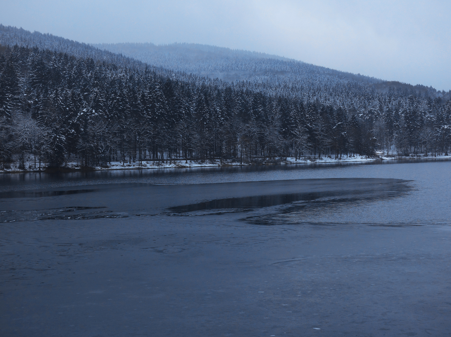 unsere Talsperre mit verschneiten Wäldern und mit allererstem dünnen Eis