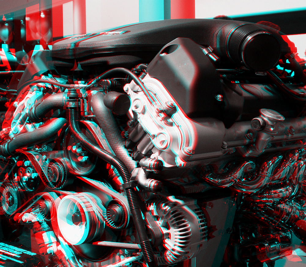 V8-Motor auf der IAA s/w Anaglyphe rot/cyan F11