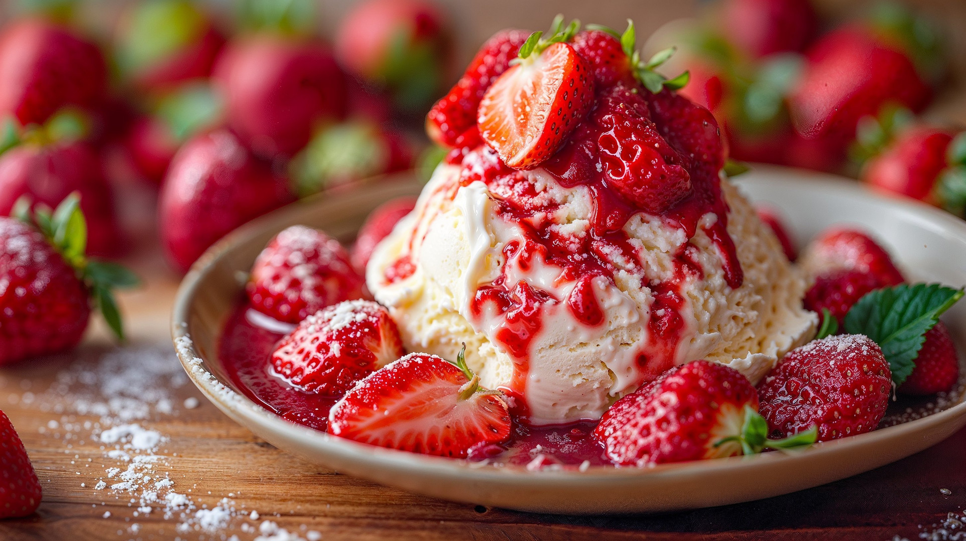 Vanilleeis mit Erdbeeren und Sauce. (KI-Eis)