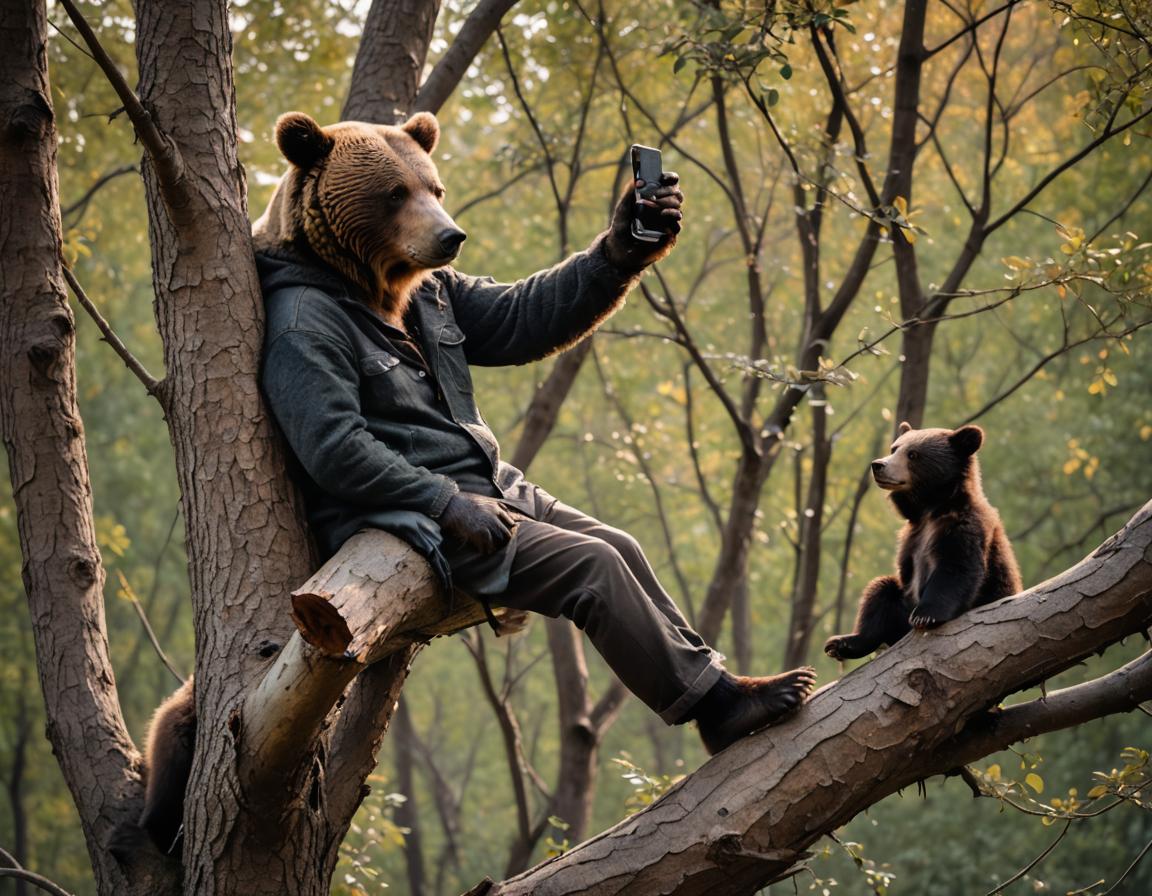 Vater bringt dem Sohn das Selfi in der Natur bei