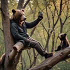 Vater bringt dem Sohn das Selfi in der Natur bei