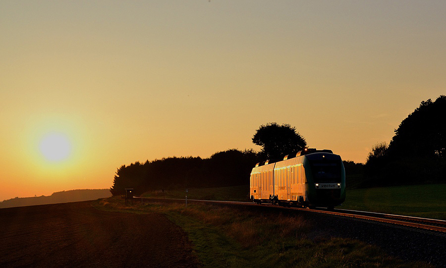 Vectus-Dieseltriebwagen BR 648 im Sonnenuntergang bei Hachenburg