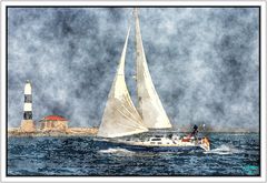 Velero y faro en Formentera (Ibiza) (efecto acuarela)