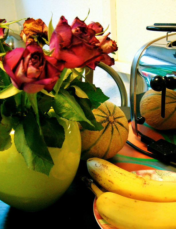 verblühte rosen, bananen und melone an toaster...