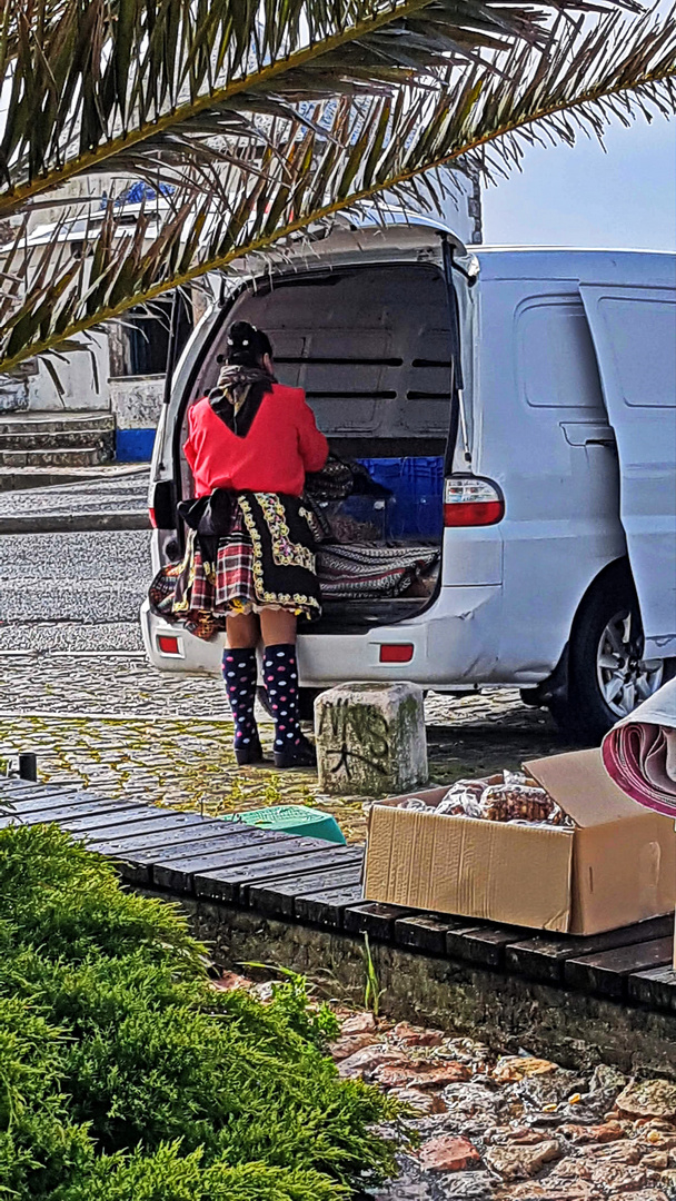 Verkäuferin in der traditionellen Kleidung der Fischerfrauen auf dem Marktplatz  in Nazaré