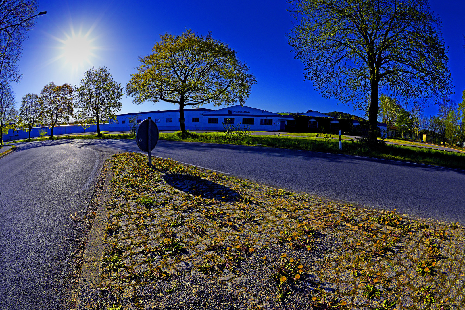 Verkehrsinsel im Gegenlicht in Extertal-Bösingfeld