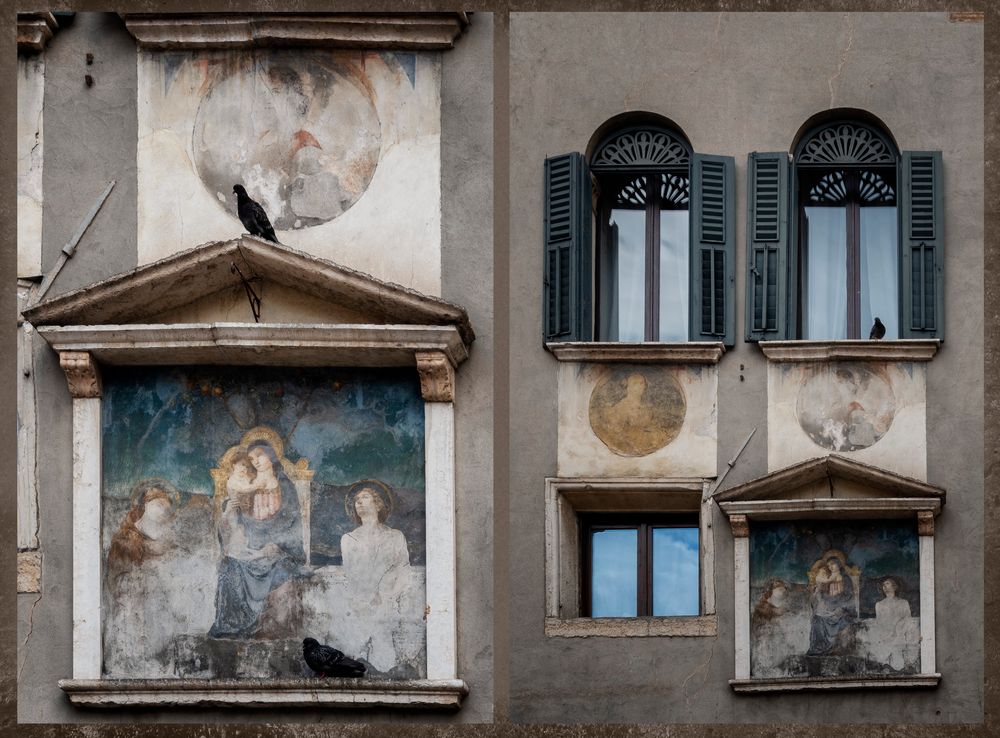 Verona, Largo Guido Gonella, affreschi, finestre e piccioni