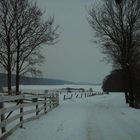 Verschneite Baumberge in der Dämmerung eines Spätwintertages