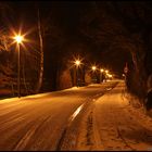 Verschneite Straße bei Nacht