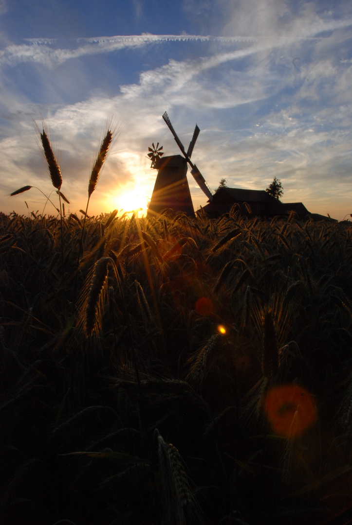 Versinkende Sonne an einer Windmühle