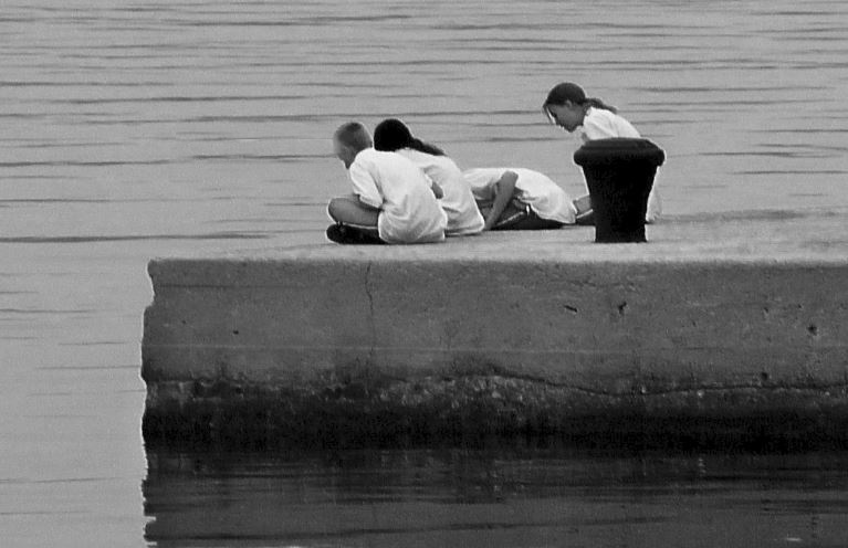 vertiefte, neugierige Kinder am Meer 