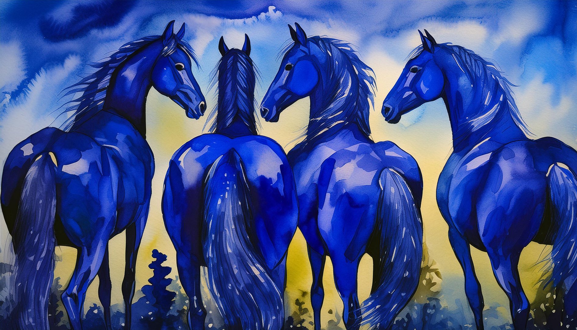 vier blaue Pferde