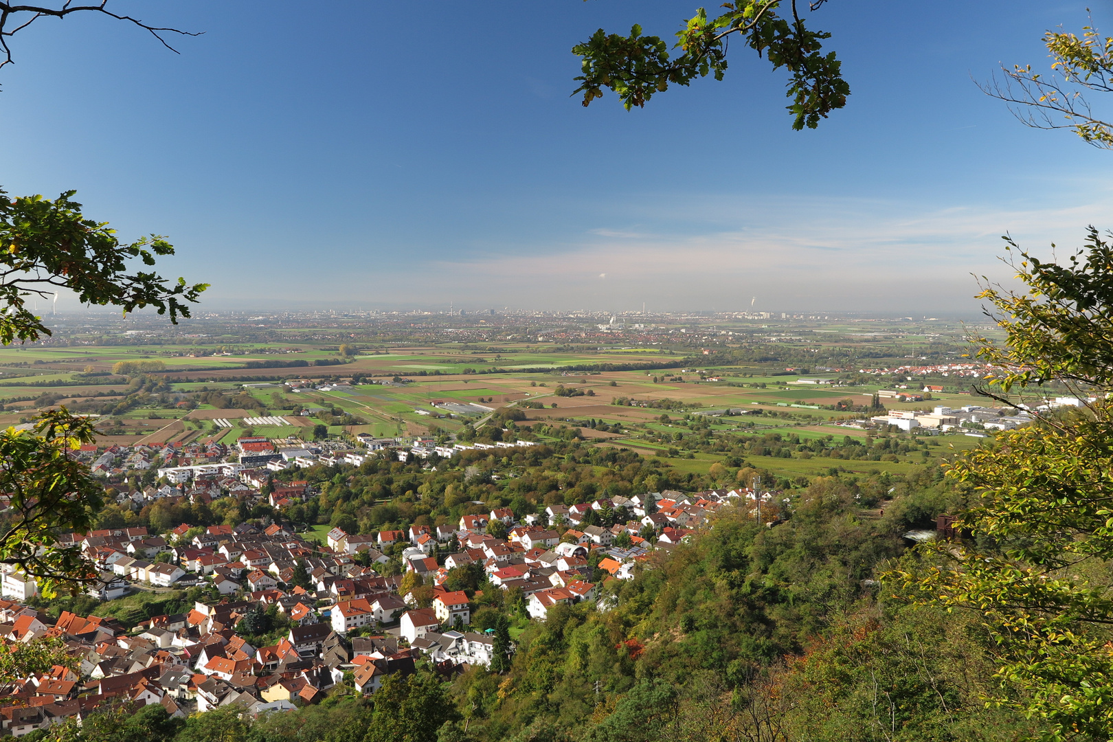 View down from Kirchberg hill to Dossenheim village, Mannheim city and the Rhine flood plain