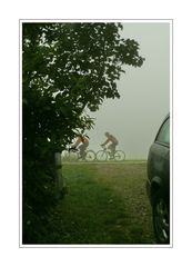 View from our driveway (bicycling in the fog)